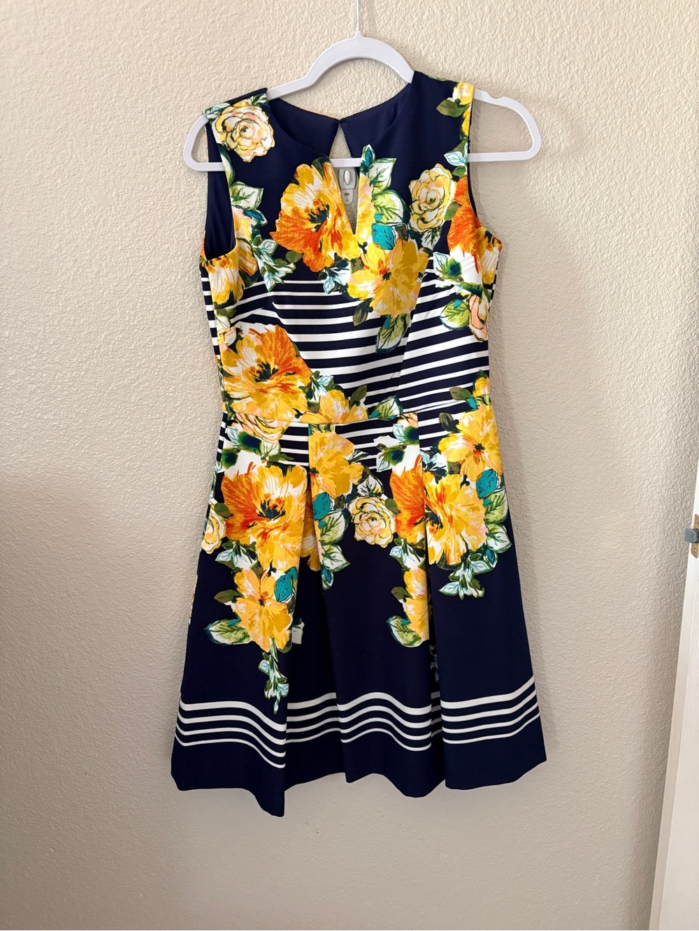 Dress Barn Navy Floral Striped Fit & Flare Mini Dress